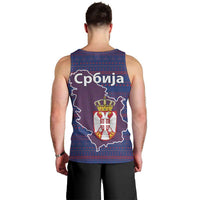 Serbia Men Tank Top with National Map and Coat of Arms Design in Blue Red Pattern
