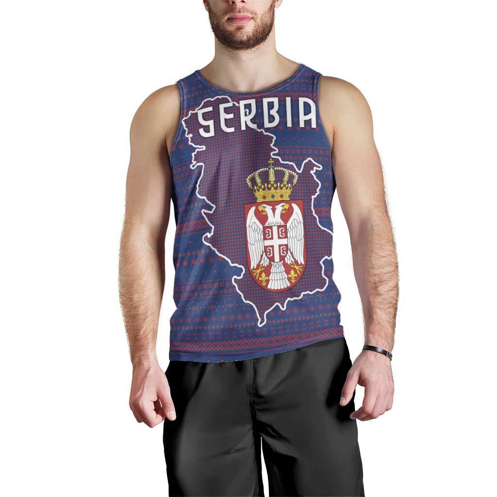 Serbia Men Tank Top with National Map and Coat of Arms Design in Blue Red Pattern