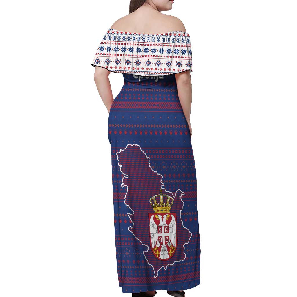 Serbia Off Shoulder Maxi Dress with National Map and Coat of Arms Design in Blue Red Pattern