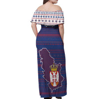 Serbia Off Shoulder Maxi Dress with National Map and Coat of Arms Design in Blue Red Pattern