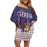 Serbia Off Shoulder Short Dress with National Map and Coat of Arms Design in Blue Red Pattern