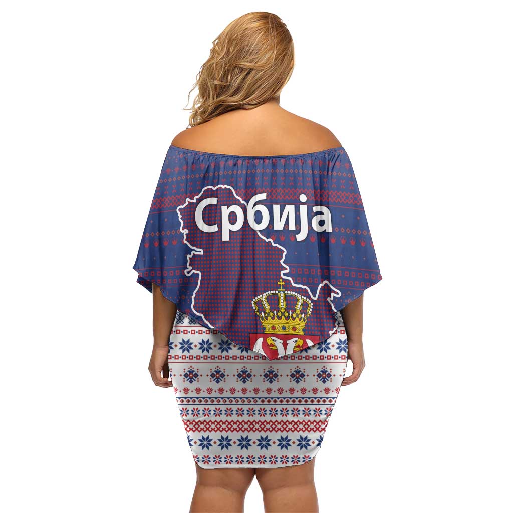 Serbia Off Shoulder Short Dress with National Map and Coat of Arms Design in Blue Red Pattern