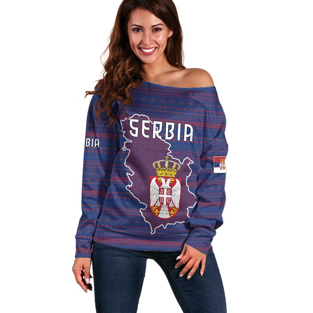 Serbia Off Shoulder Sweater with National Map and Coat of Arms Design in Blue Red Pattern