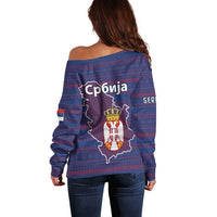 Serbia Off Shoulder Sweater with National Map and Coat of Arms Design in Blue Red Pattern