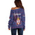 Serbia Off Shoulder Sweater with National Map and Coat of Arms Design in Blue Red Pattern