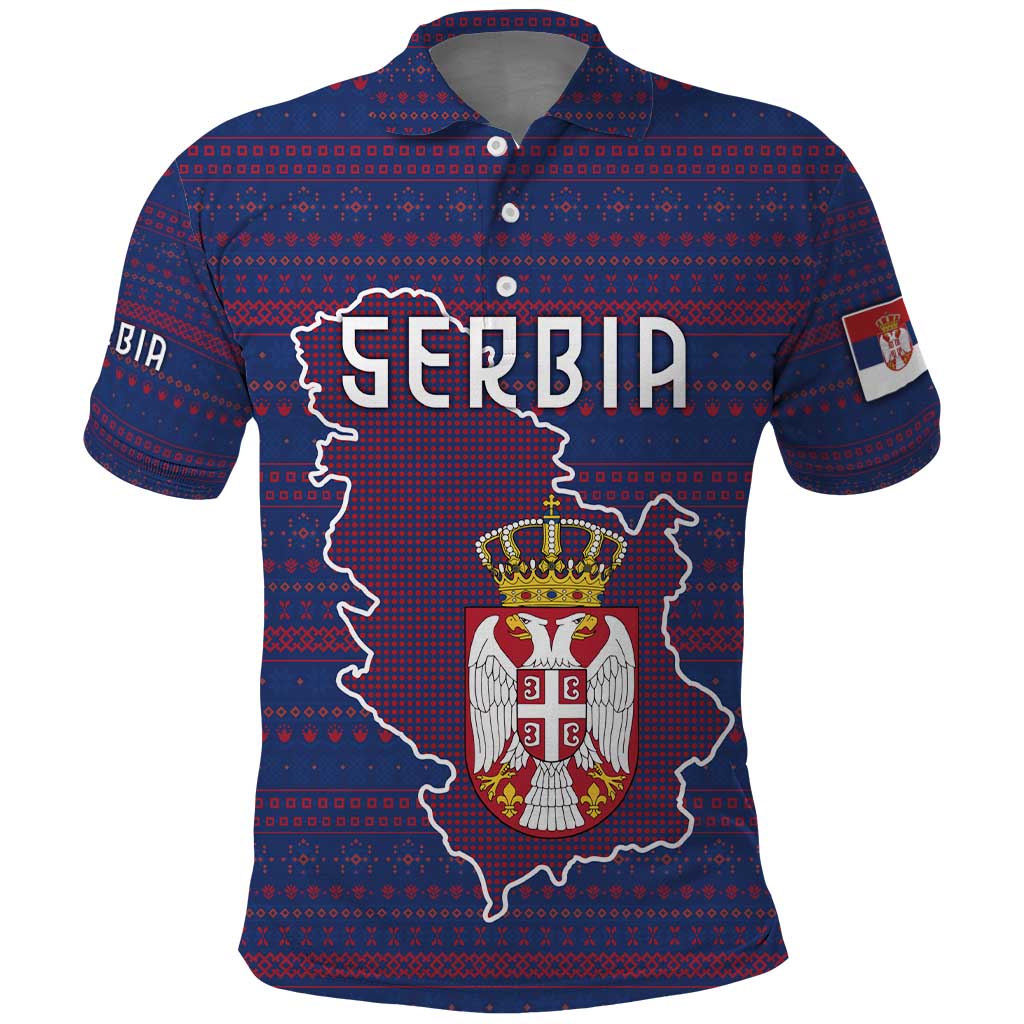 Serbia Polo Shirt with National Map and Coat of Arms Design in Blue Red Pattern