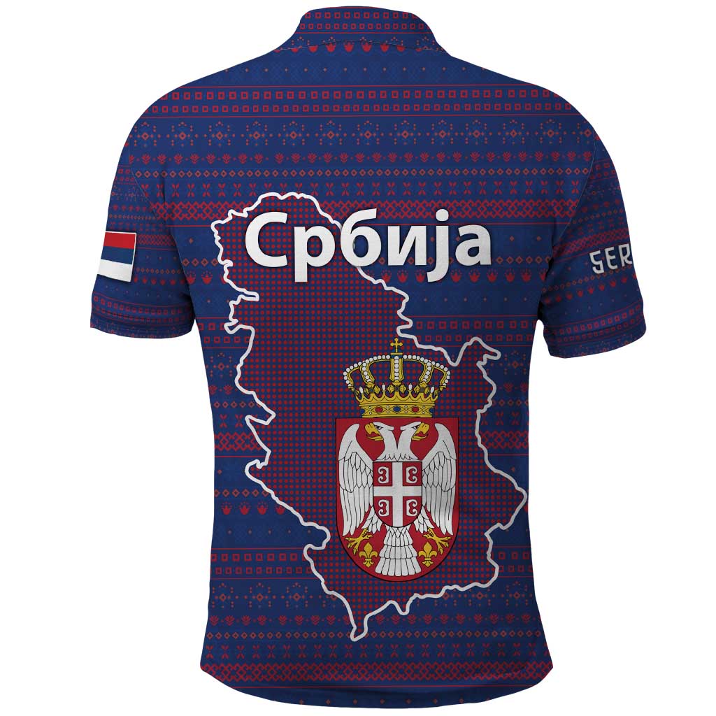 Serbia Polo Shirt with National Map and Coat of Arms Design in Blue Red Pattern