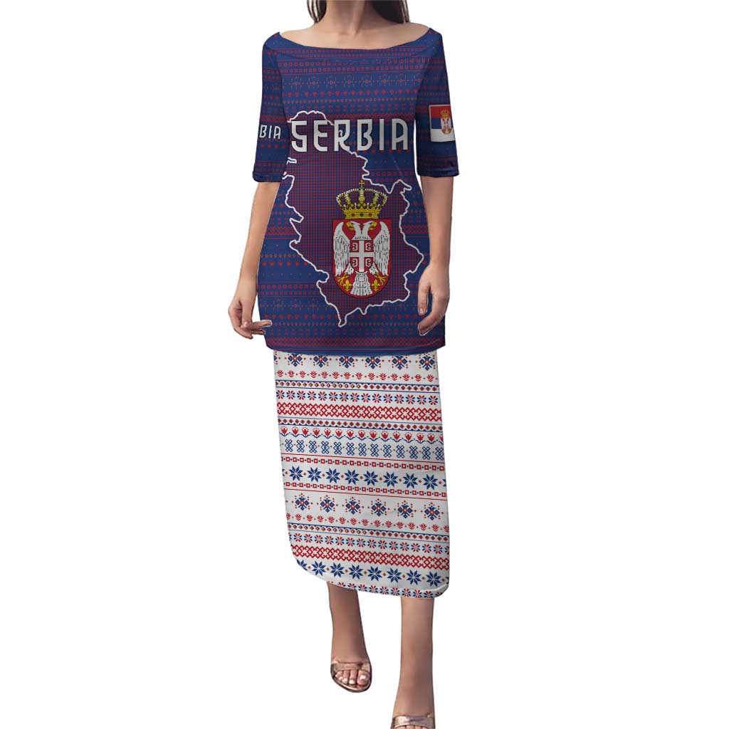 Serbia Puletasi with National Map and Coat of Arms Design in Blue Red Pattern