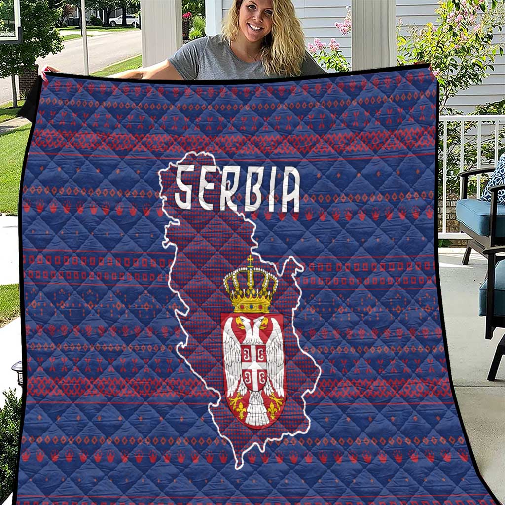 Serbia Quilt with National Map and Coat of Arms Design in Blue Red Pattern