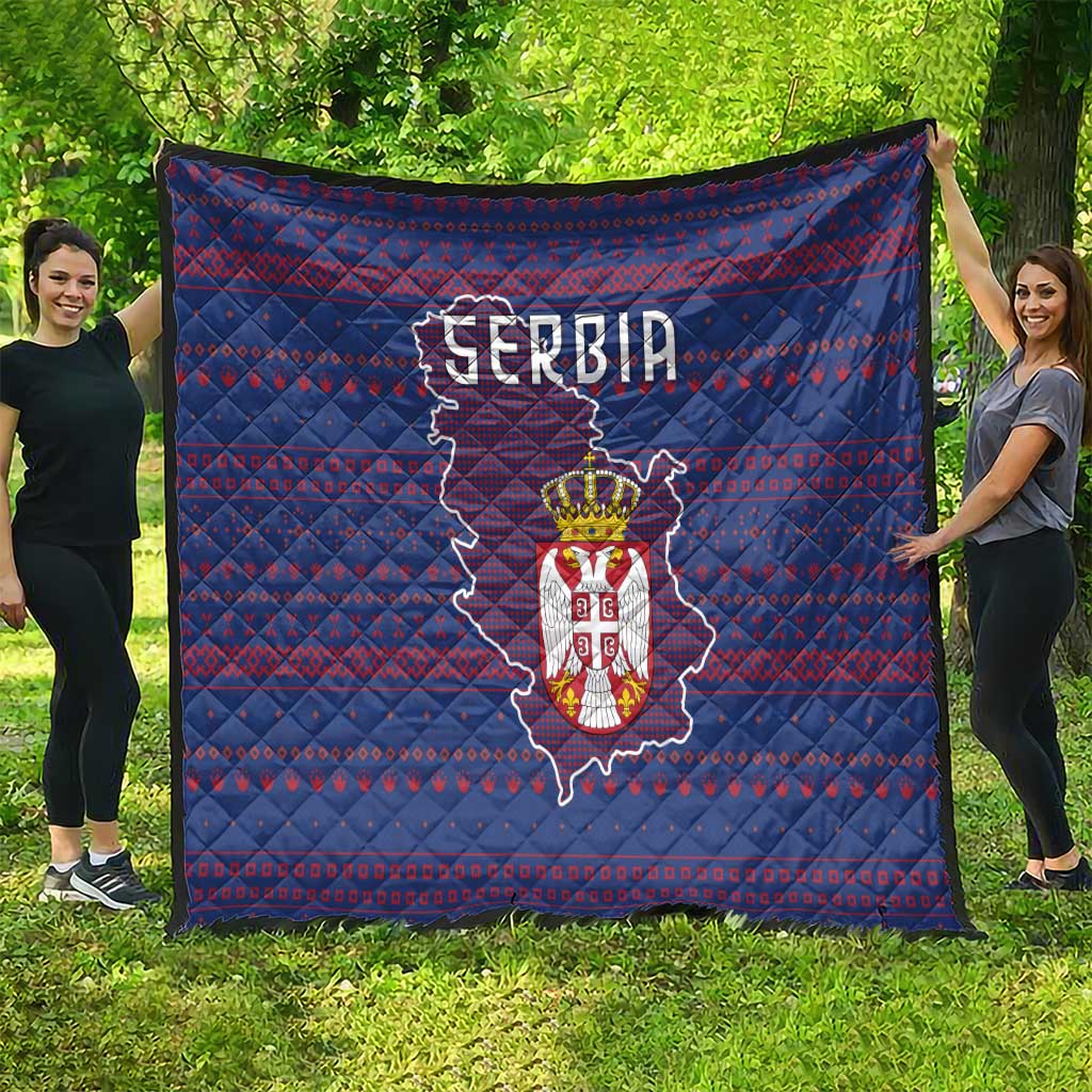 Serbia Quilt with National Map and Coat of Arms Design in Blue Red Pattern