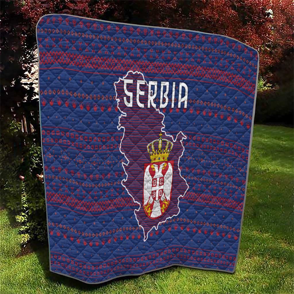 Serbia Quilt with National Map and Coat of Arms Design in Blue Red Pattern