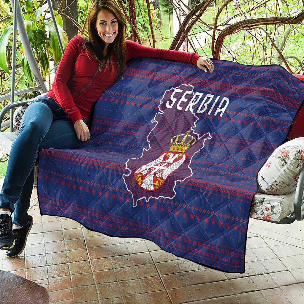 Serbia Quilt with National Map and Coat of Arms Design in Blue Red Pattern