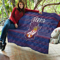 Serbia Quilt with National Map and Coat of Arms Design in Blue Red Pattern