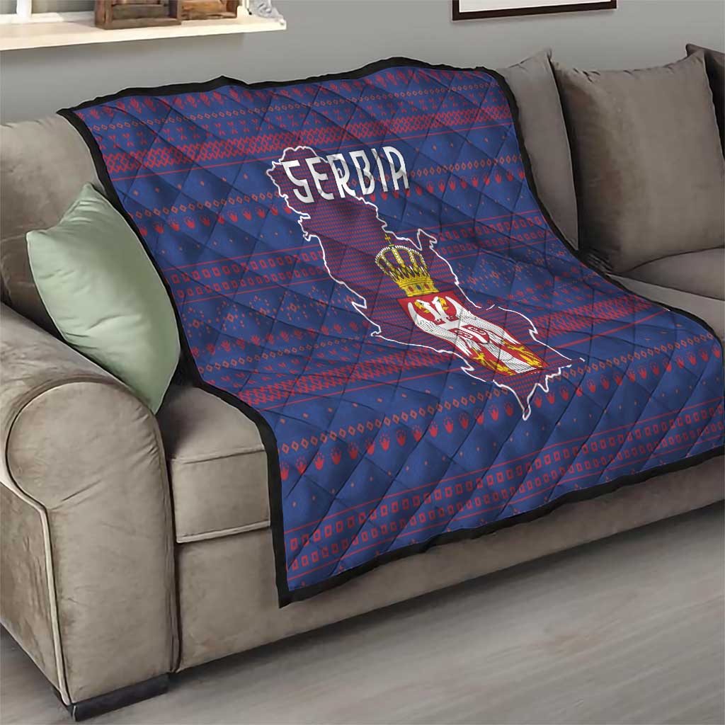 Serbia Quilt with National Map and Coat of Arms Design in Blue Red Pattern