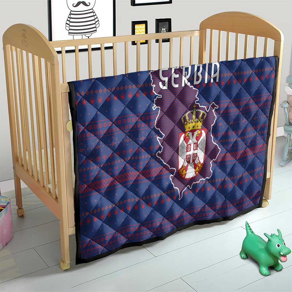 Serbia Quilt with National Map and Coat of Arms Design in Blue Red Pattern
