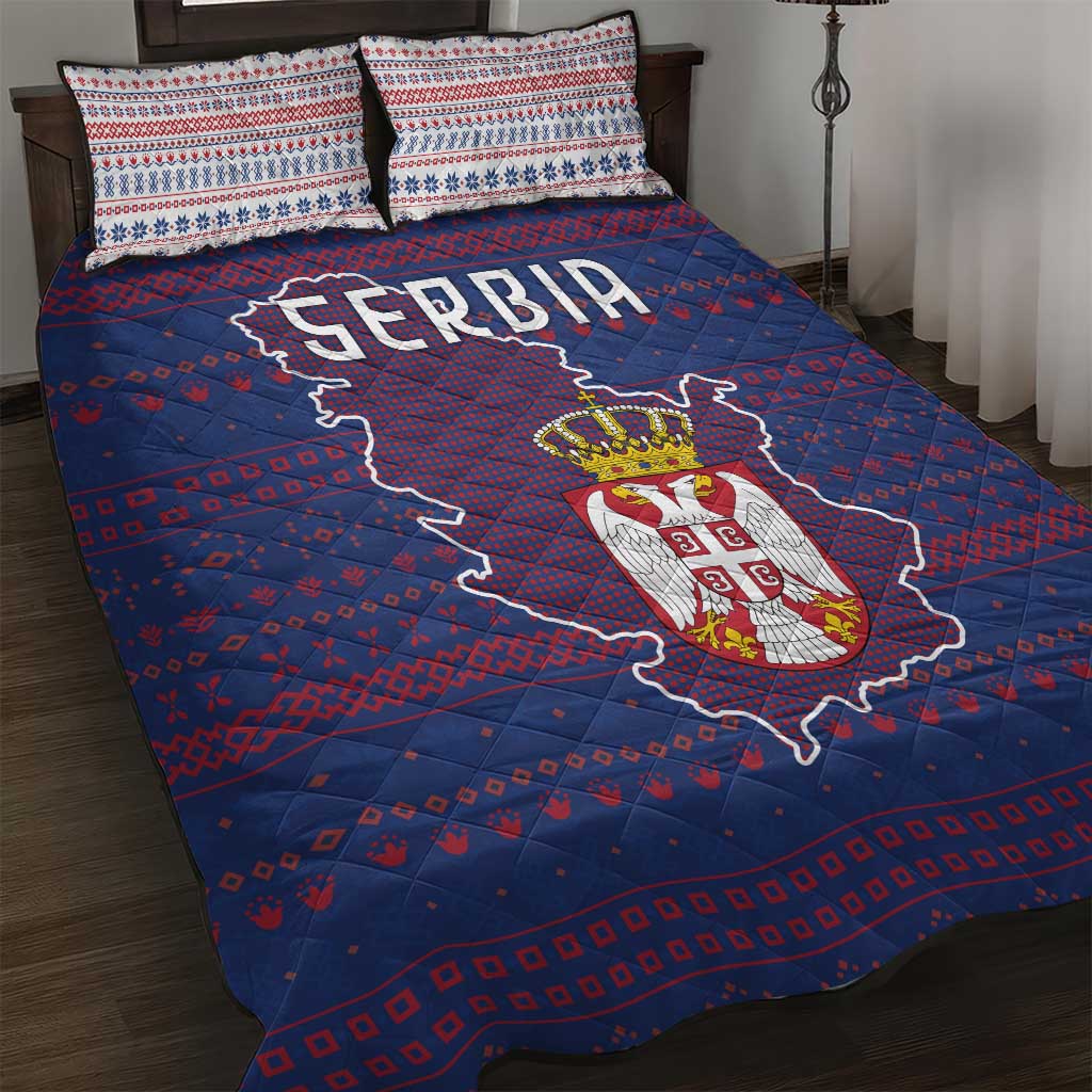 Serbia Quilt Bed Set with National Map and Coat of Arms Design in Blue Red Pattern
