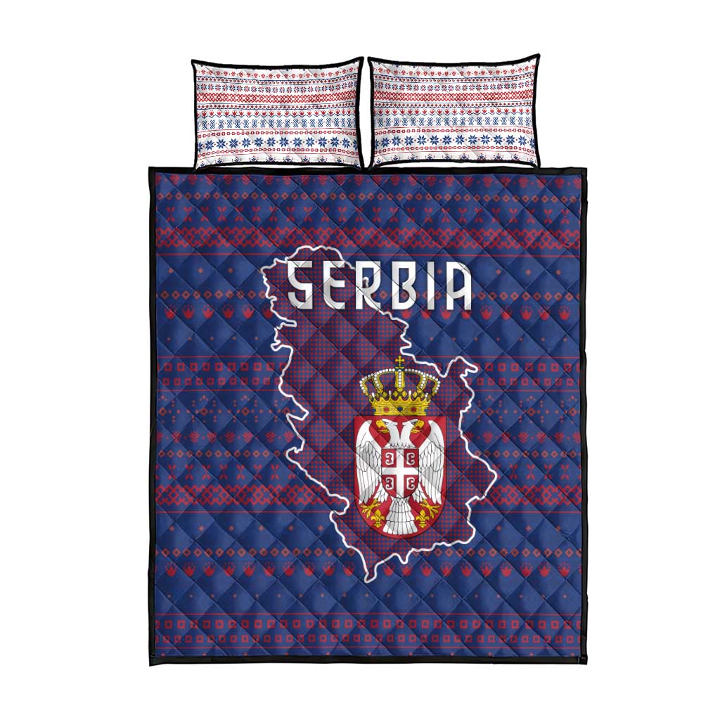 Serbia Quilt Bed Set with National Map and Coat of Arms Design in Blue Red Pattern