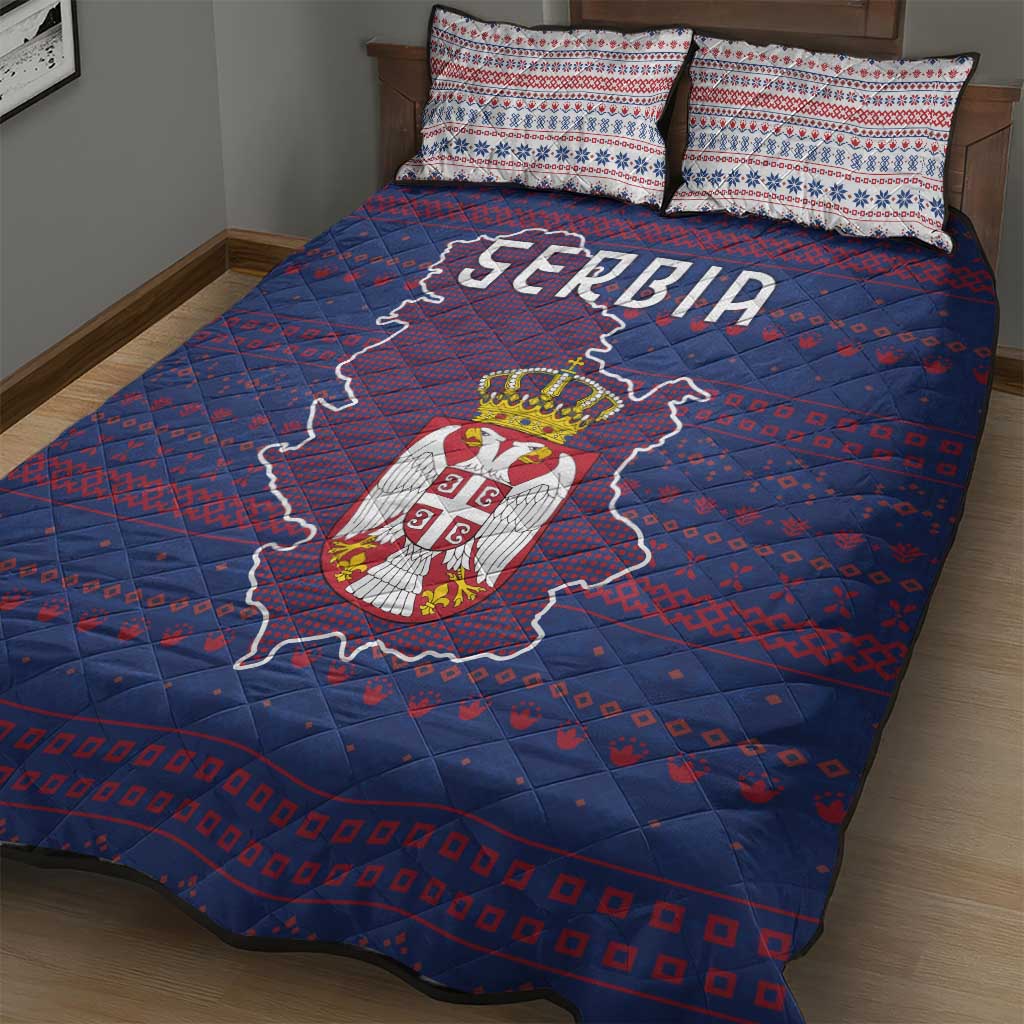 Serbia Quilt Bed Set with National Map and Coat of Arms Design in Blue Red Pattern