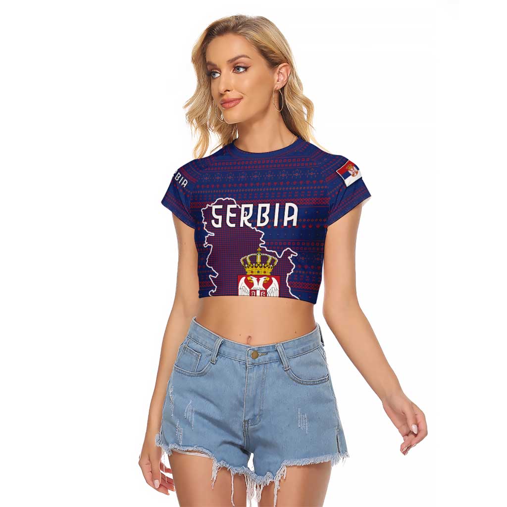 Serbia Raglan Cropped T Shirt with National Map and Coat of Arms Design in Blue Red Pattern