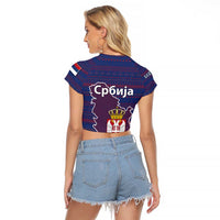 Serbia Raglan Cropped T Shirt with National Map and Coat of Arms Design in Blue Red Pattern