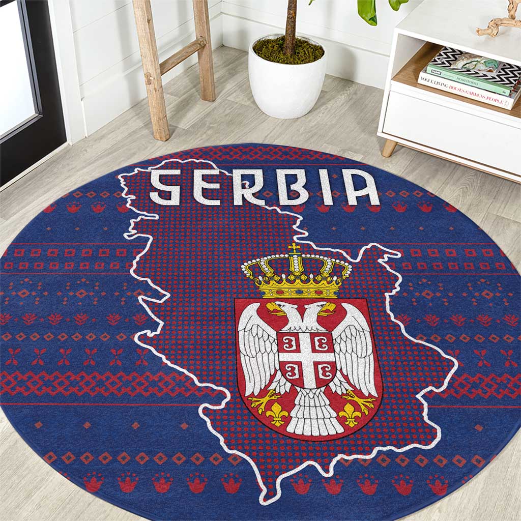 Serbia Round Carpet with National Map and Coat of Arms Design in Blue Red Pattern