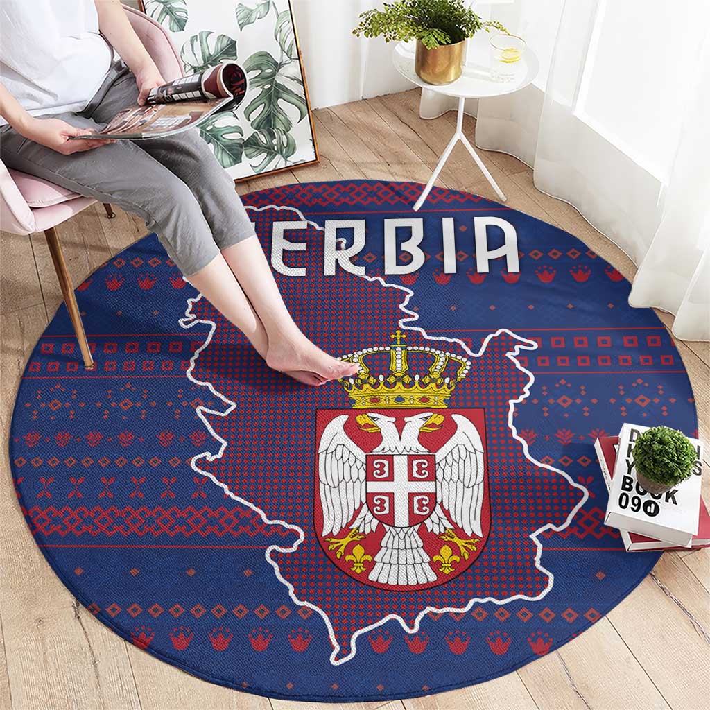 Serbia Round Carpet with National Map and Coat of Arms Design in Blue Red Pattern