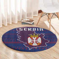 Serbia Round Carpet with National Map and Coat of Arms Design in Blue Red Pattern