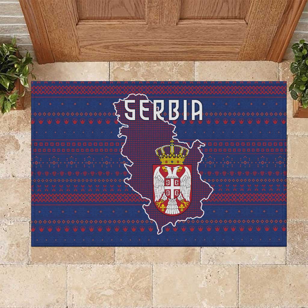 Serbia Rubber Doormat with National Map and Coat of Arms Design in Blue Red Pattern