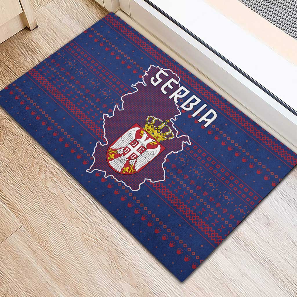 Serbia Rubber Doormat with National Map and Coat of Arms Design in Blue Red Pattern