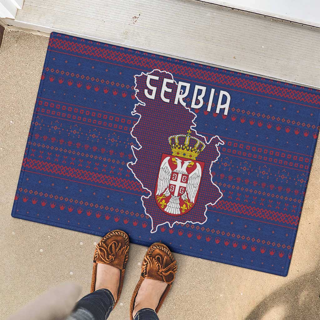 Serbia Rubber Doormat with National Map and Coat of Arms Design in Blue Red Pattern