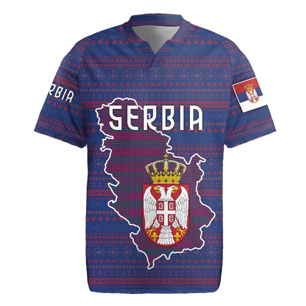 Serbia Rugby Jersey with National Map and Coat of Arms Design in Blue Red Pattern