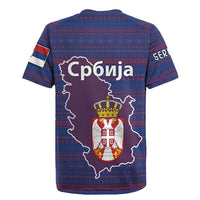 Serbia Rugby Jersey with National Map and Coat of Arms Design in Blue Red Pattern