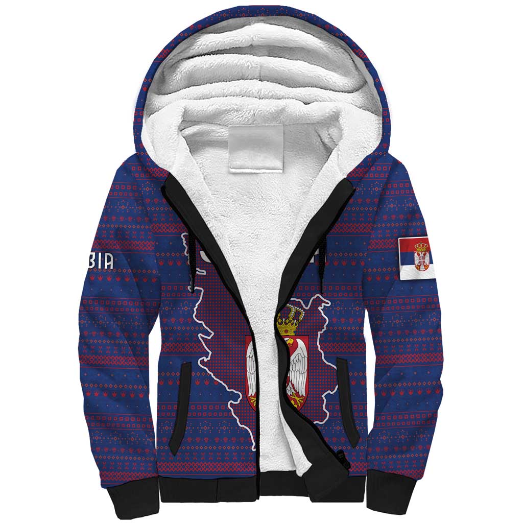 Serbia Sherpa Hoodie with National Map and Coat of Arms Design in Blue Red Pattern