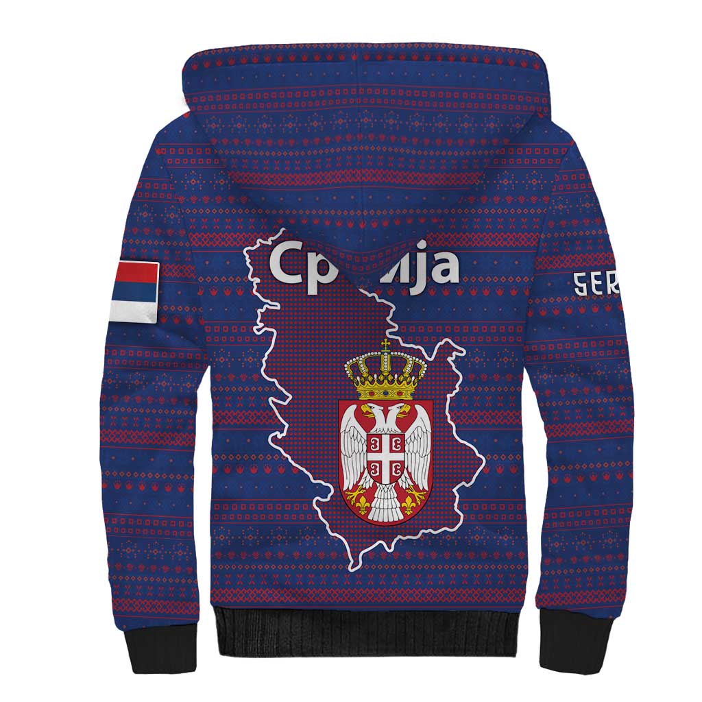 Serbia Sherpa Hoodie with National Map and Coat of Arms Design in Blue Red Pattern
