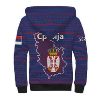 Serbia Sherpa Hoodie with National Map and Coat of Arms Design in Blue Red Pattern