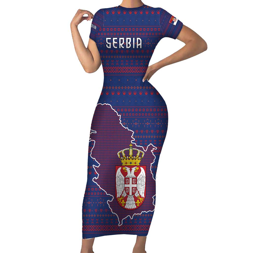Serbia Short Sleeve Bodycon Dress with National Map and Coat of Arms Design in Blue Red Pattern