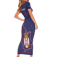 Serbia Short Sleeve Bodycon Dress with National Map and Coat of Arms Design in Blue Red Pattern