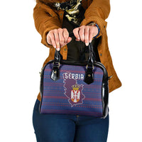 Serbia Shoulder Handbag with National Map and Coat of Arms Design in Blue Red Pattern