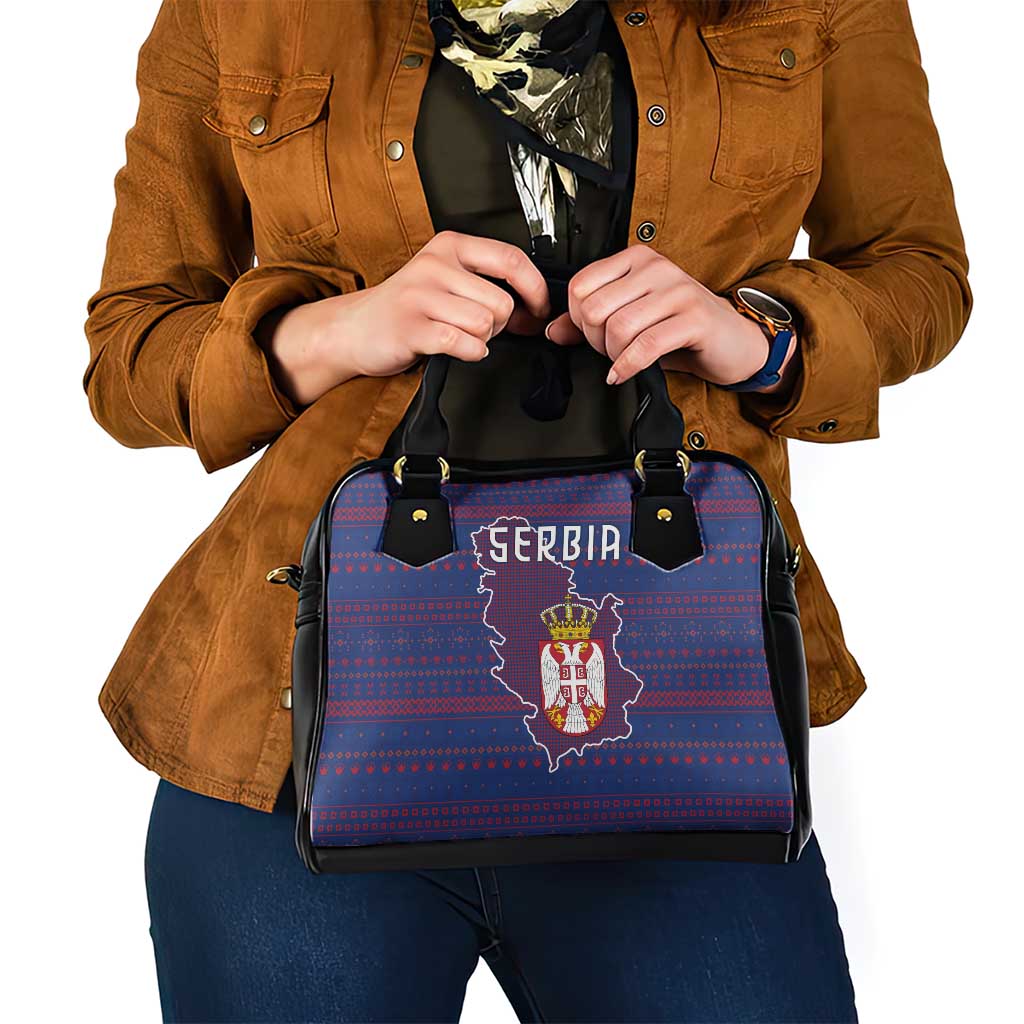 Serbia Shoulder Handbag with National Map and Coat of Arms Design in Blue Red Pattern