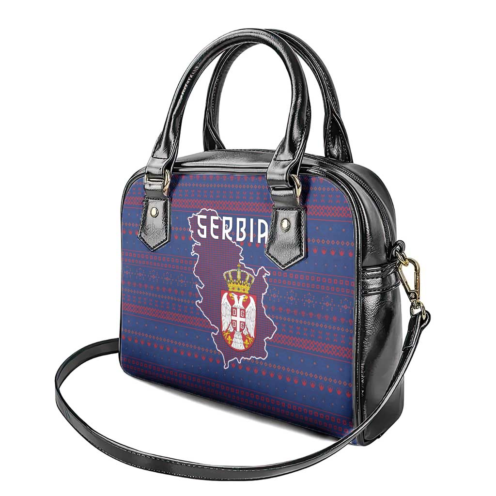 Serbia Shoulder Handbag with National Map and Coat of Arms Design in Blue Red Pattern