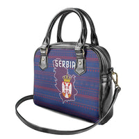 Serbia Shoulder Handbag with National Map and Coat of Arms Design in Blue Red Pattern
