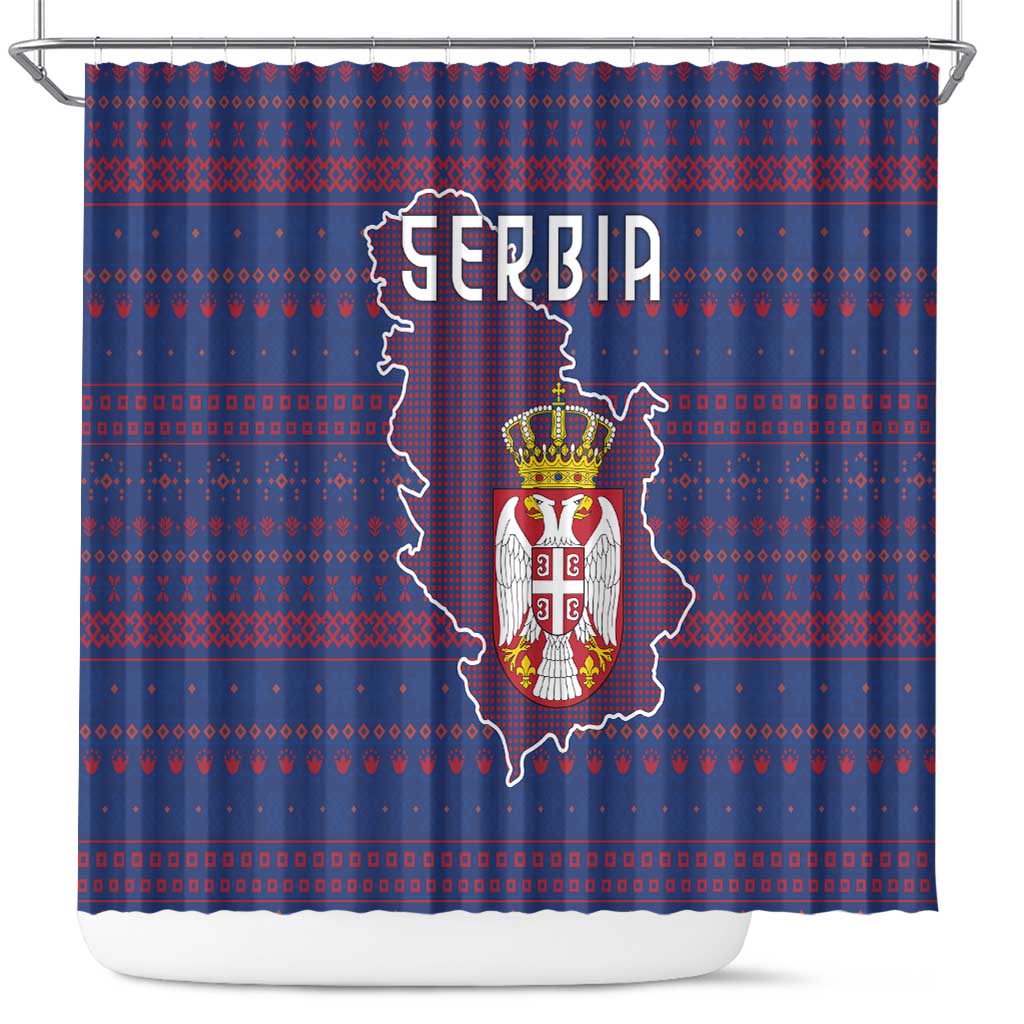 Serbia Shower Curtain with National Map and Coat of Arms Design in Blue Red Pattern