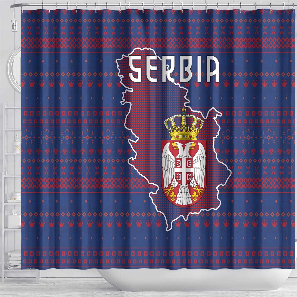 Serbia Shower Curtain with National Map and Coat of Arms Design in Blue Red Pattern