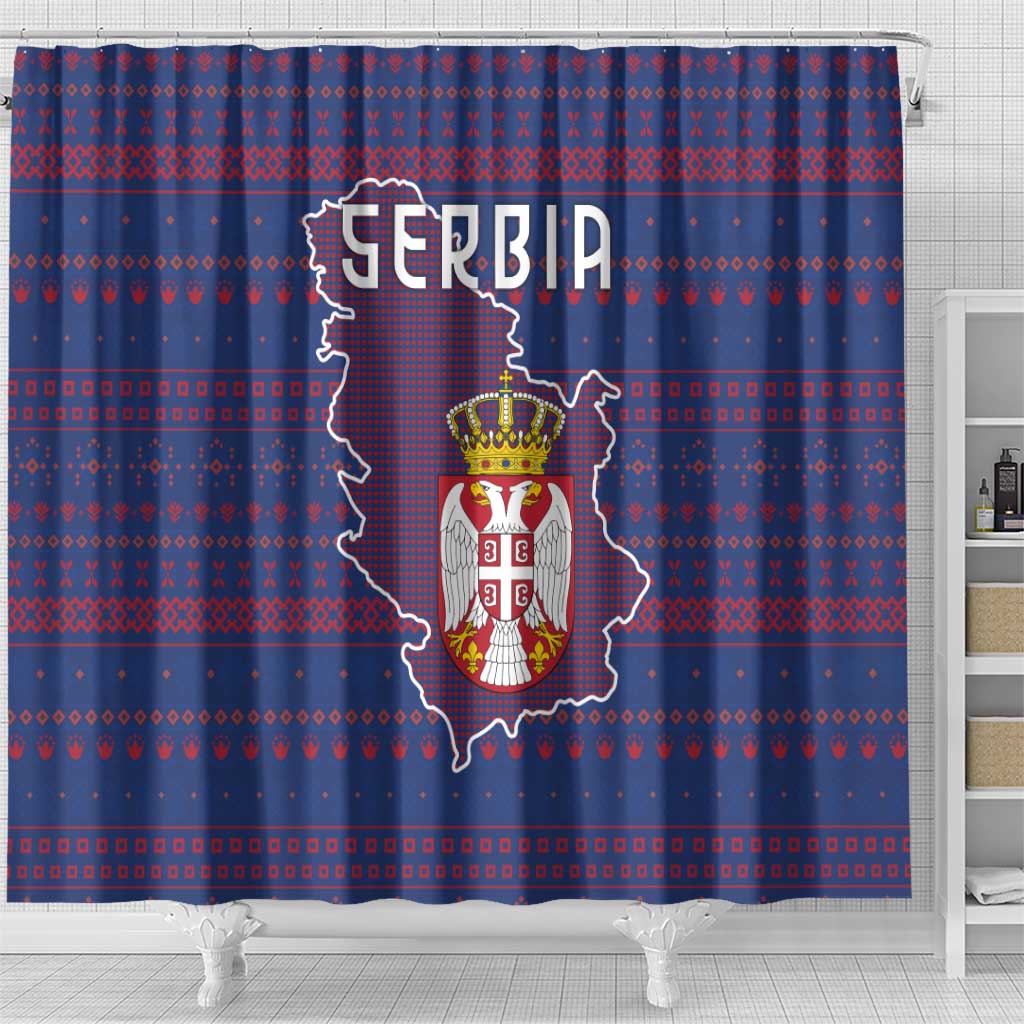 Serbia Shower Curtain with National Map and Coat of Arms Design in Blue Red Pattern