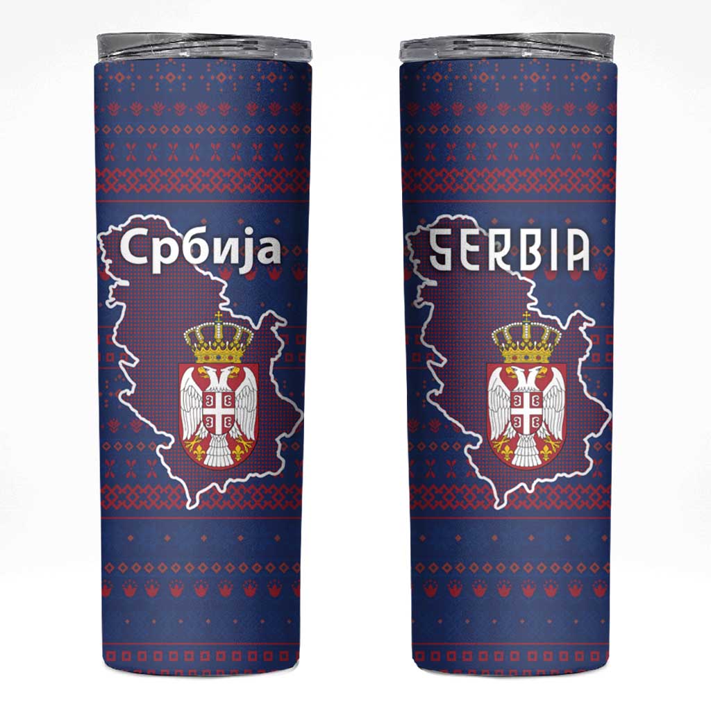 Serbia Skinny Tumbler with National Map and Coat of Arms Design in Blue Red Pattern
