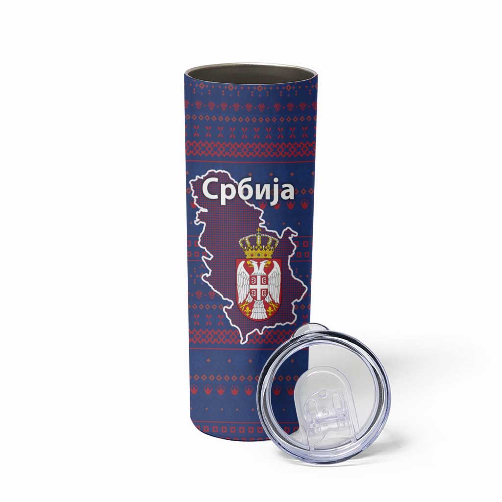 Serbia Skinny Tumbler with National Map and Coat of Arms Design in Blue Red Pattern