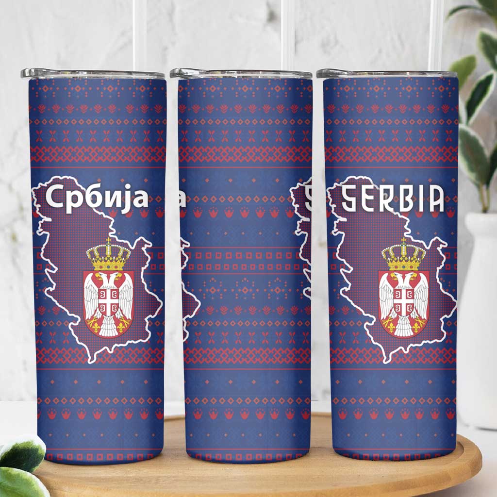 Serbia Skinny Tumbler with National Map and Coat of Arms Design in Blue Red Pattern