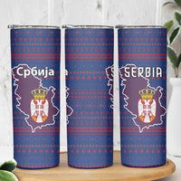 Serbia Skinny Tumbler with National Map and Coat of Arms Design in Blue Red Pattern