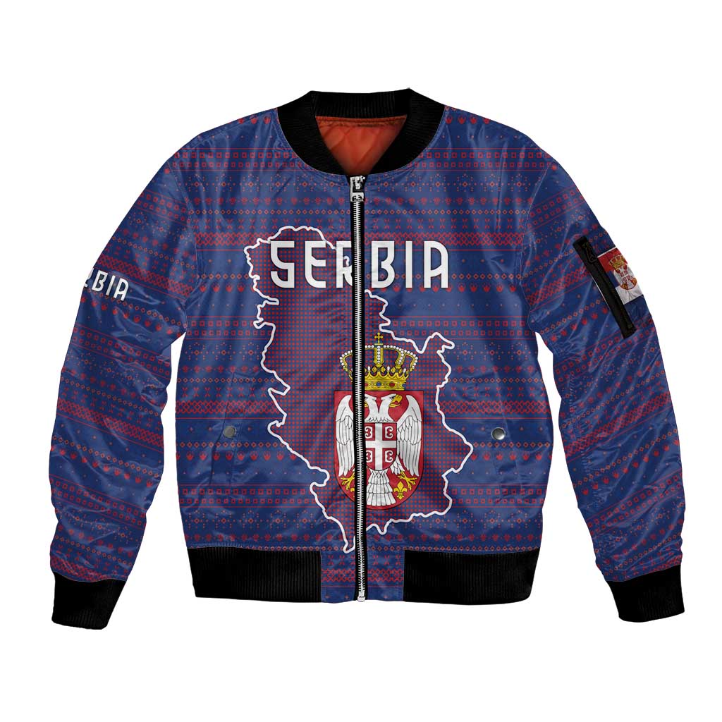 Serbia Sleeve Zip Bomber Jacket with National Map and Coat of Arms Design in Blue Red Pattern