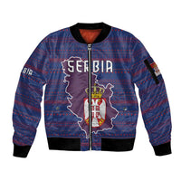 Serbia Sleeve Zip Bomber Jacket with National Map and Coat of Arms Design in Blue Red Pattern